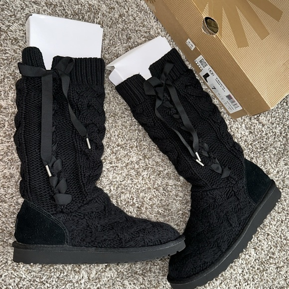 Ugg Mahalya tall black lace up tie sweater boots 7 - Picture 10 of 15